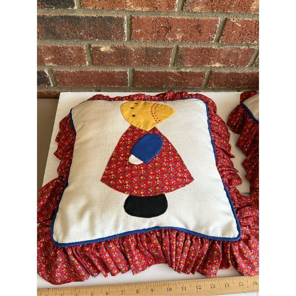Sunbonnet Girl Decorative Pillow in Red Floral with Blue Trim